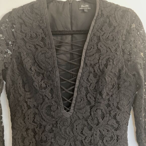 Bardot Dress 10 Black Midi Deep Plunge Lace Up Sexy Sheer Lace Cocktail Party - Picture 6 of 12